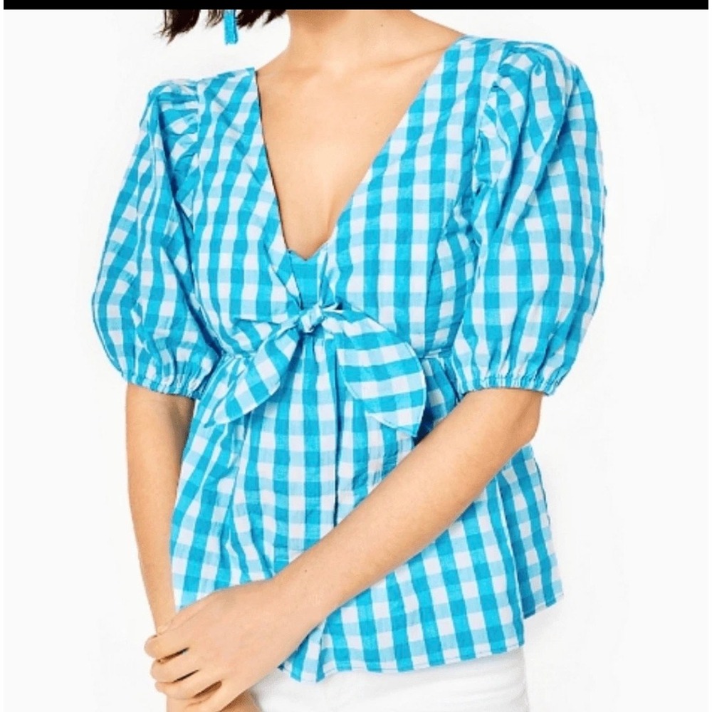 Lilly Pulitzer Gingham Puff Sleeve Peplum Top Womens 10 Blue White Tie Blouse